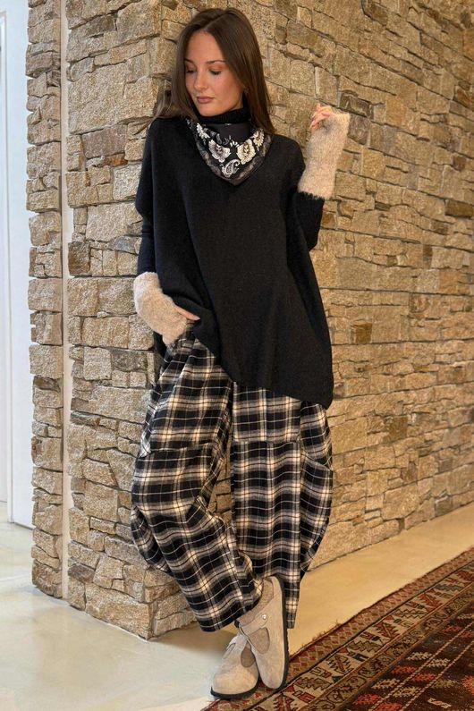 Patrick Plaid Brushed Cotton Barrel Pant Black 